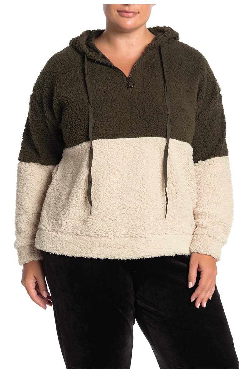 COMO VINTAGE Colorblock Faux Shearling Quarter Zip Hoodie, Main, color,