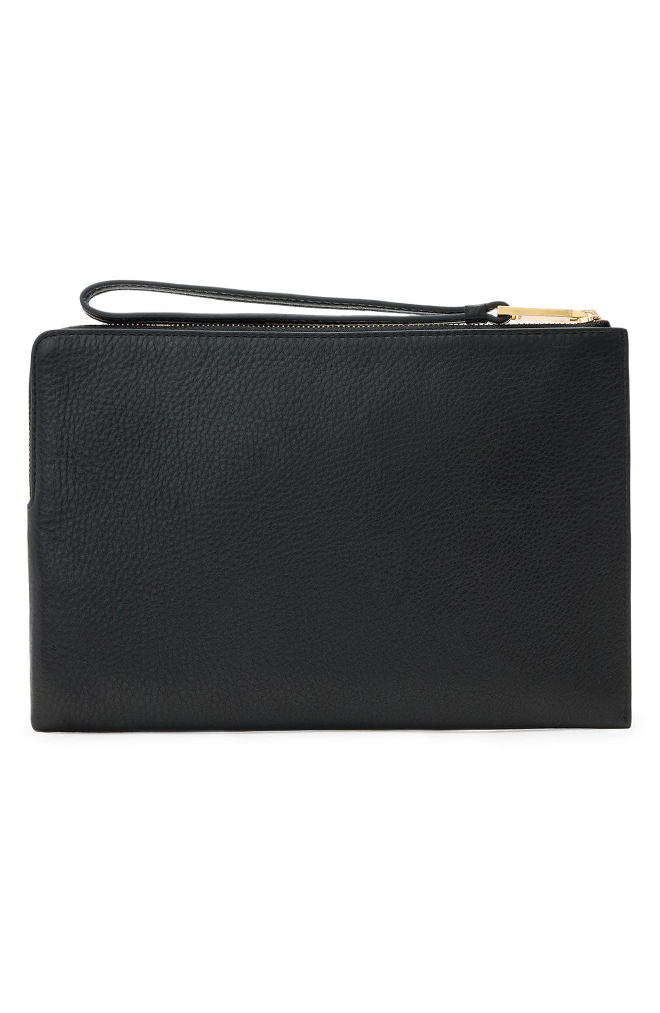AllSaints Joshi Large Leather Wristlet Clutch, Alternate, color, Black
