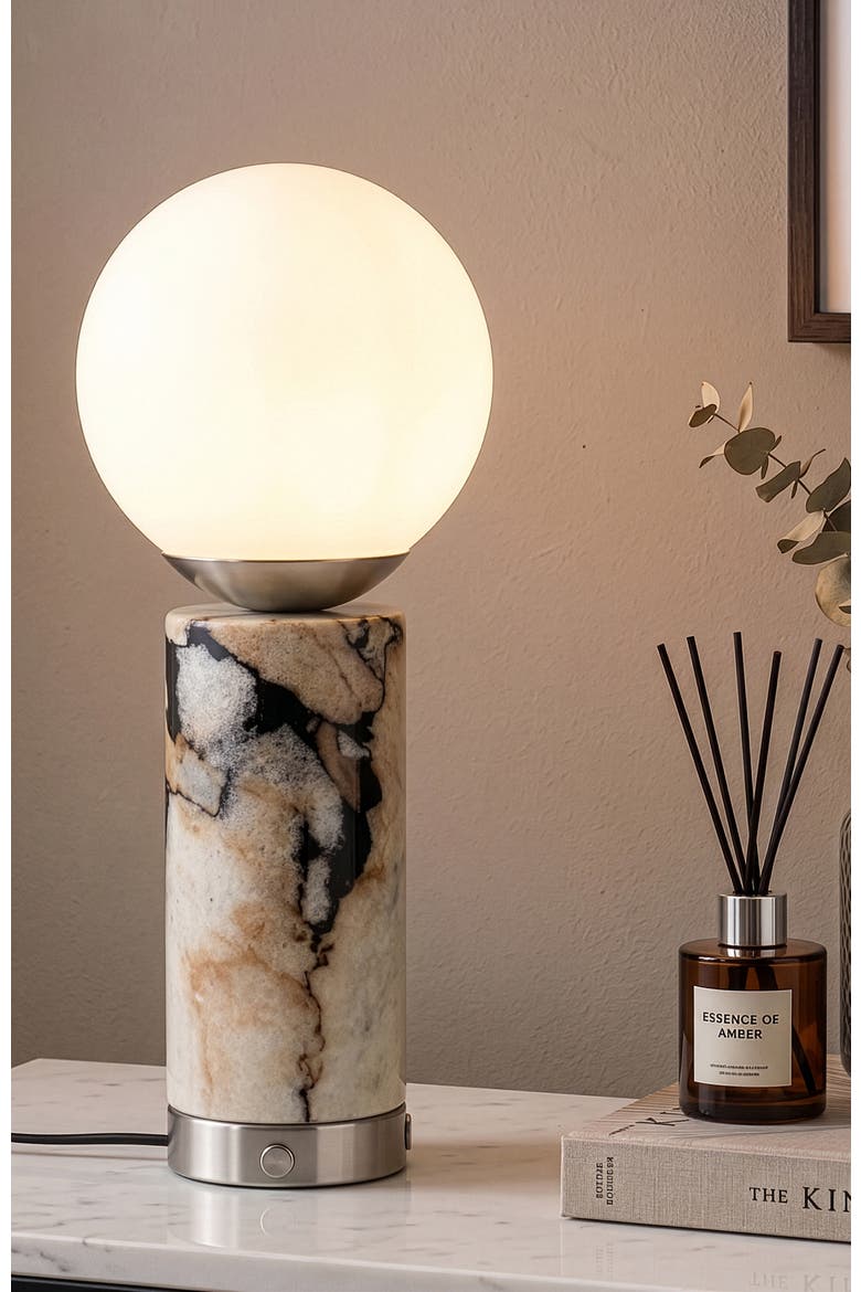 Aspen 11" Led Marble Table Lamp With Frosted Glass Globe Shade And Charging Usb Port, Alternate, color, Brushed Nickel