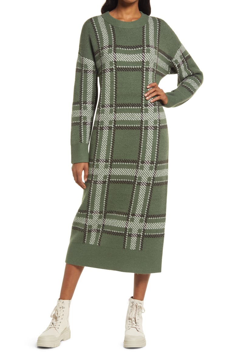 Plaid Long Sleeve Sweater Dress, Main, color, GREEN- IVORY COMBO