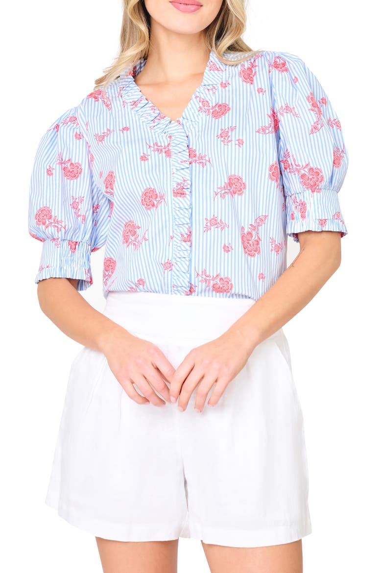 Iris Stripe Floral Stretch Cotton Poplin Top, Main, color, NAUTICAL ROSE STRIPE
