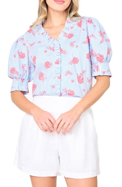 Iris Stripe Floral Stretch Cotton Poplin Top