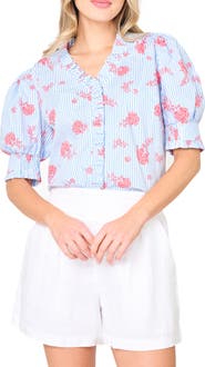 GIBSONLOOK Iris Stripe Floral Stretch Cotton Poplin Top