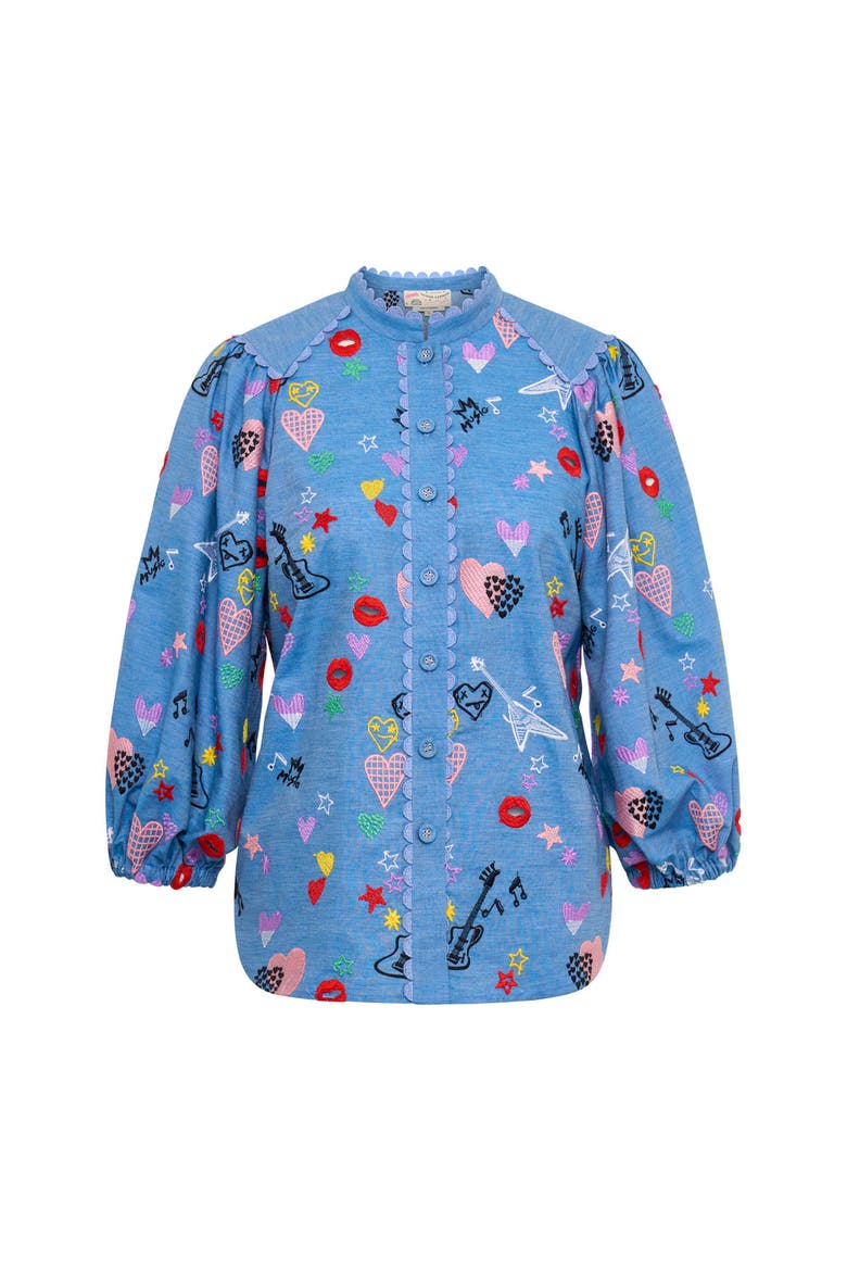 Embroidered Blouse With Ballon Sleeves, Main, color, Jeansblue