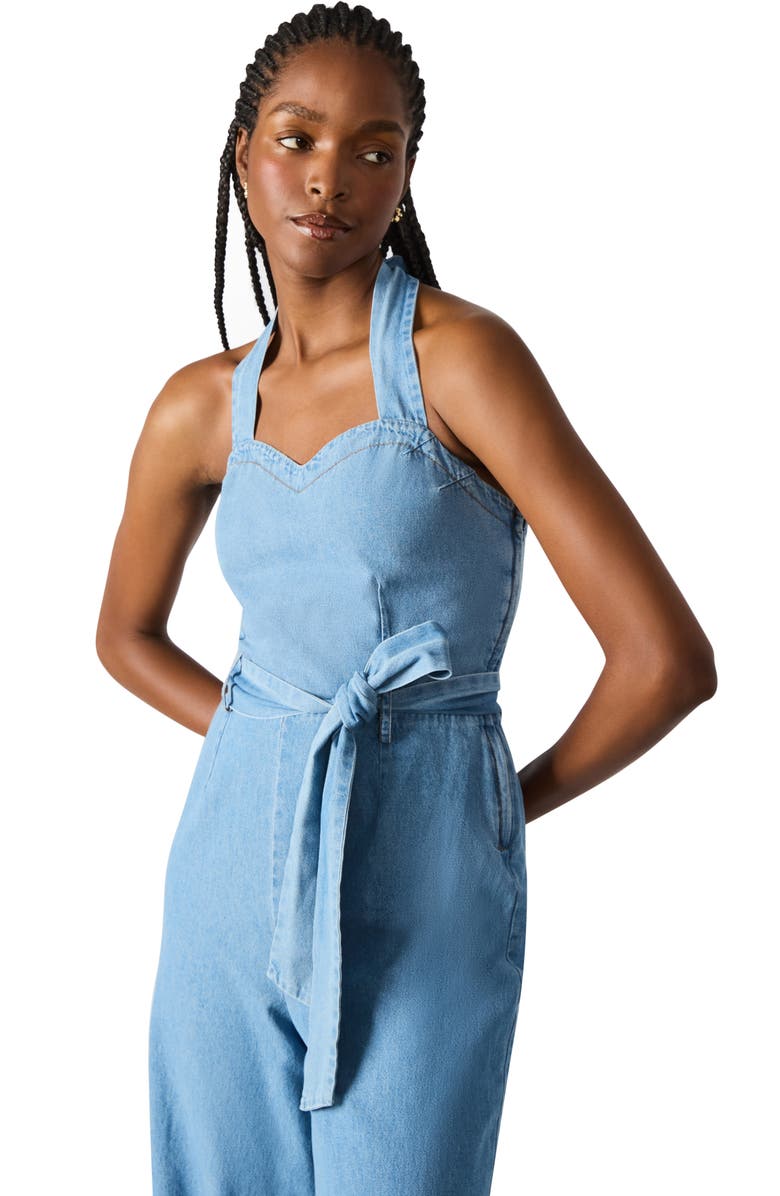 Steve Madden Artie Halter Neck Denim Jumpsuit, Alternate, color, Bijou Blue