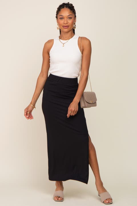 Ribbed Side Slit Midi Skirt
