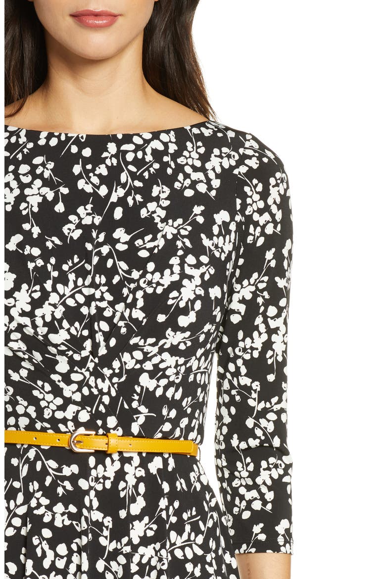 Belted Fit & Flare Dress, Alternate, color, BLACK/ IVORY