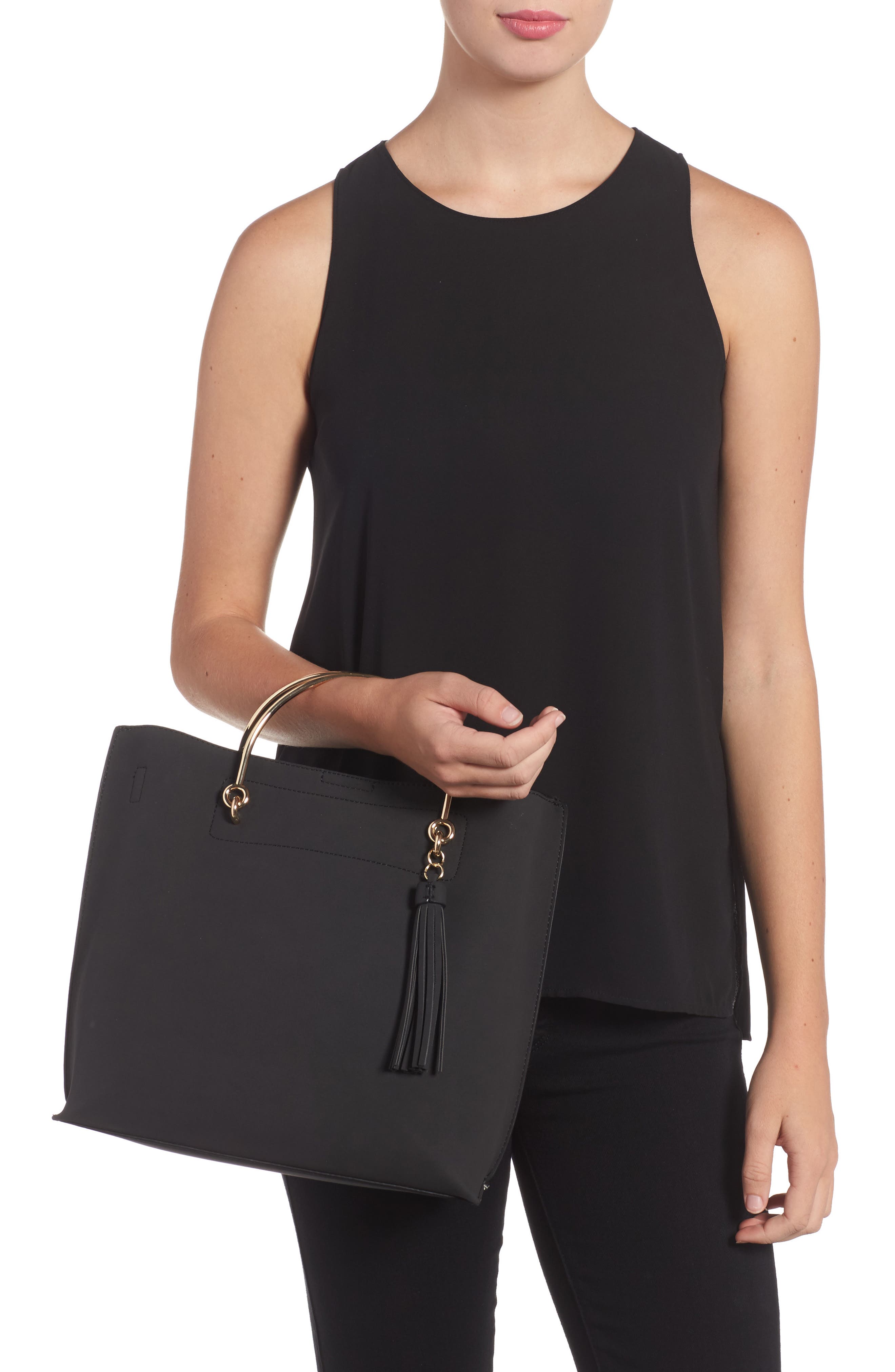 Metal Handle Faux Leather Satchel, Alternate, color, BLACK