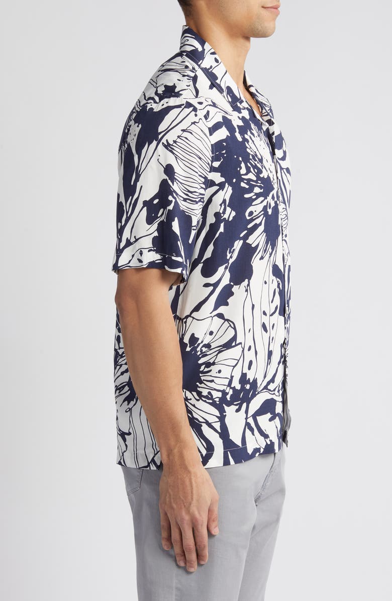 Bugatchi Julian Shaped Fit EcoVero<sup>™</sup> Abstract Floral Print Camp Shirt, Alternate, color, Navy