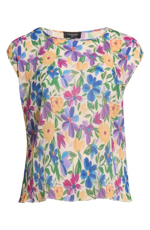 Floral Plissé Cap Sleeve Top (Plus)