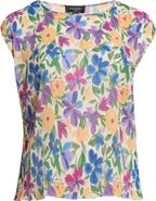 Tahari ASL Floral Plissé Cap Sleeve Top