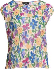 Tahari ASL Floral Plissé Cap Sleeve Top