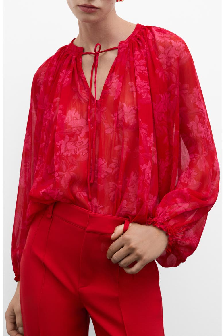Floral Print Tie Neck Top, Main, color, RED