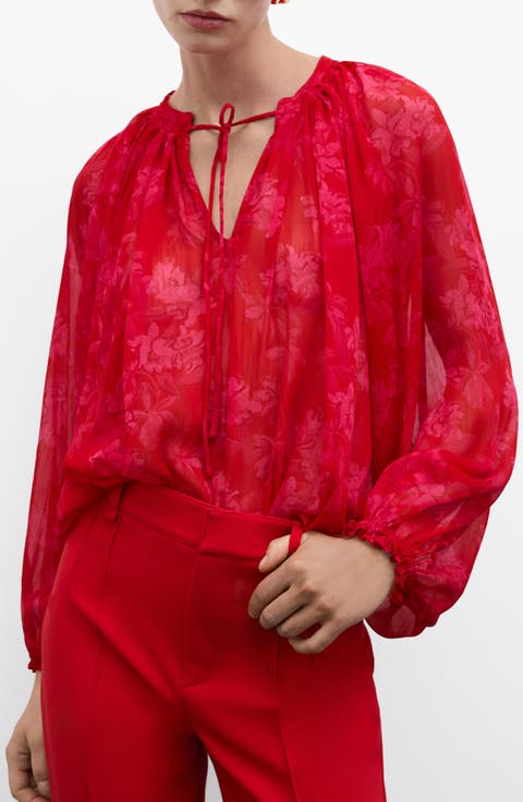 Floral Print Tie Neck Top