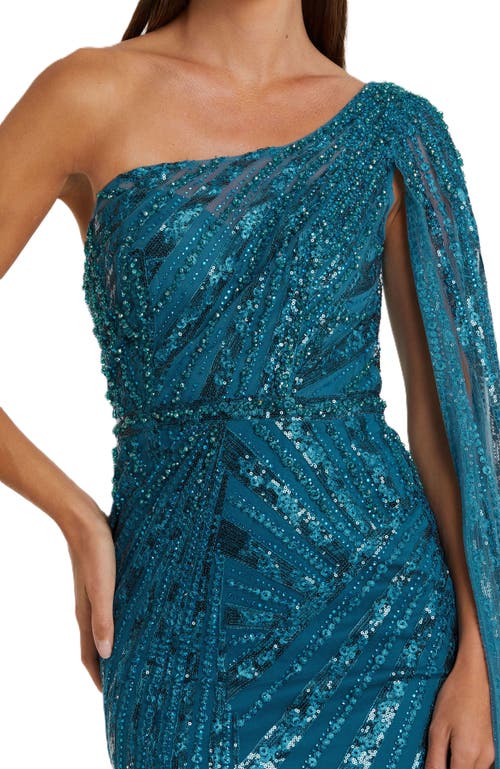 Mac Duggal One Shoulder Cape Sleeve Embellished Gown In Ocean Blue