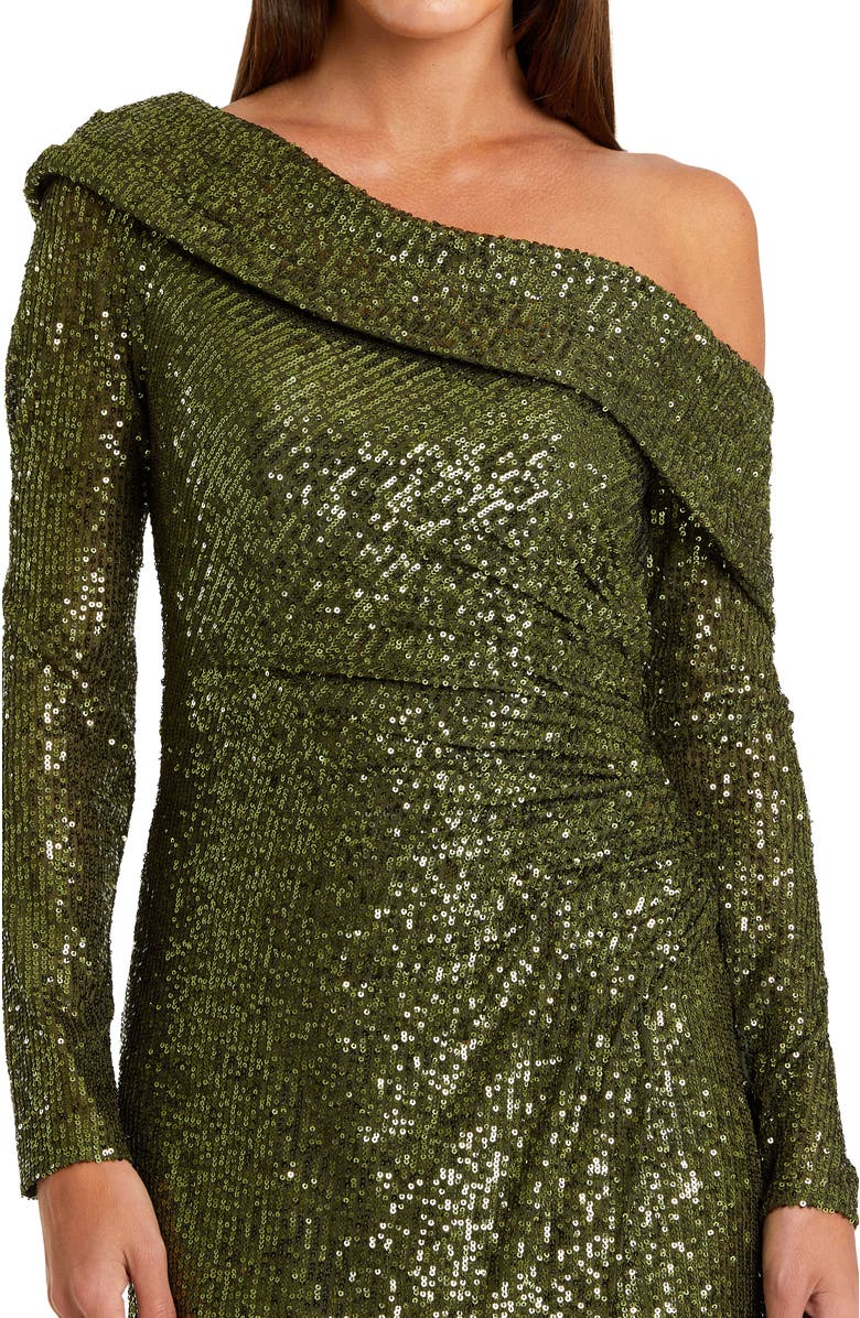Mac Duggal One Shoulder Sequin Long Sleeve Midi Dress, Alternate, color, Olive