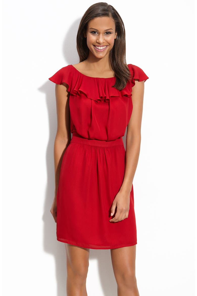 Ruffle Crêpe de Chine Dress, Main, color, RED SUN