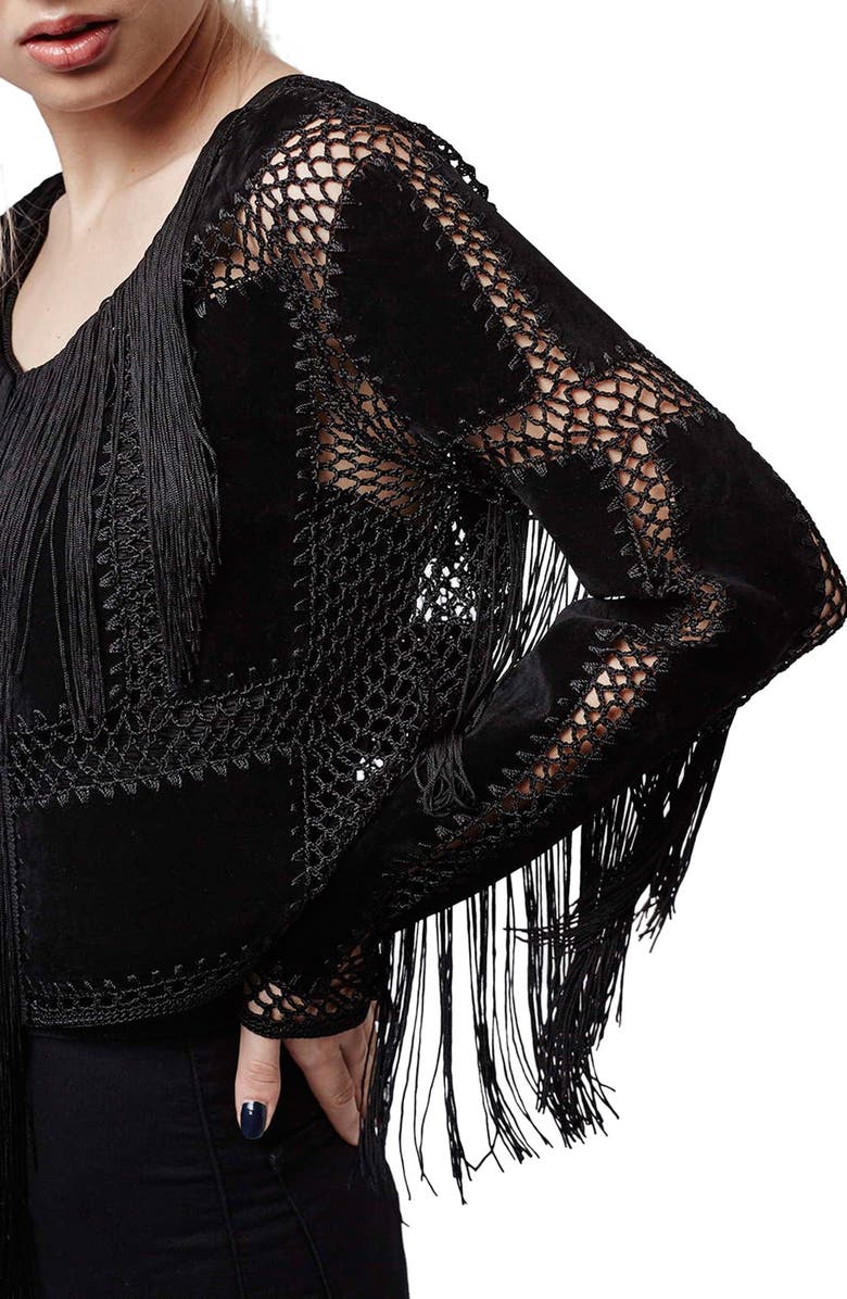 Topshop Fringe Openwork Faux Suede Top, Alternate, color, 