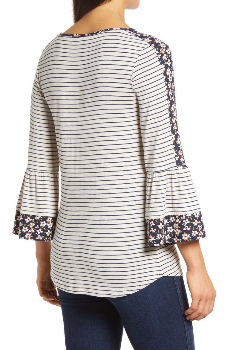 Floral Stripe Flounce Sleeve Top, Alternate, color, OATMEAL/ NAVY
