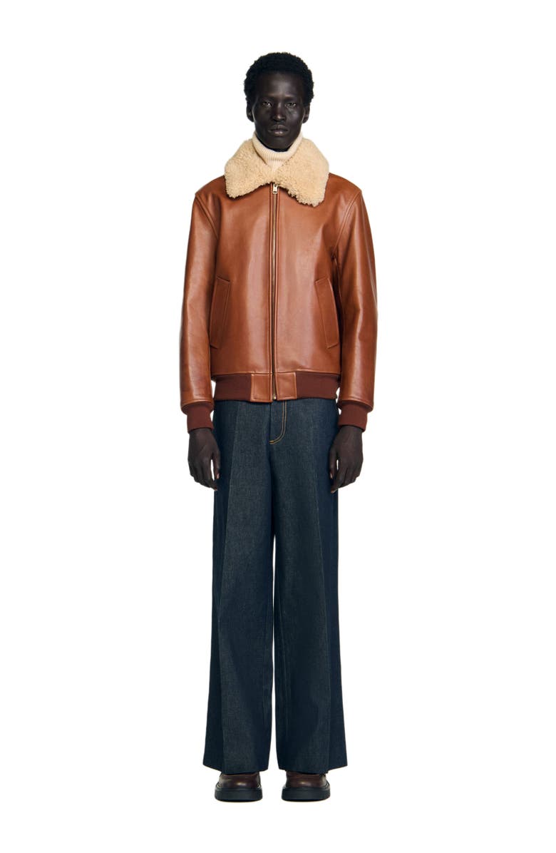 SANDRO Leather jacket with fur collar, Alternate, color, Cognac