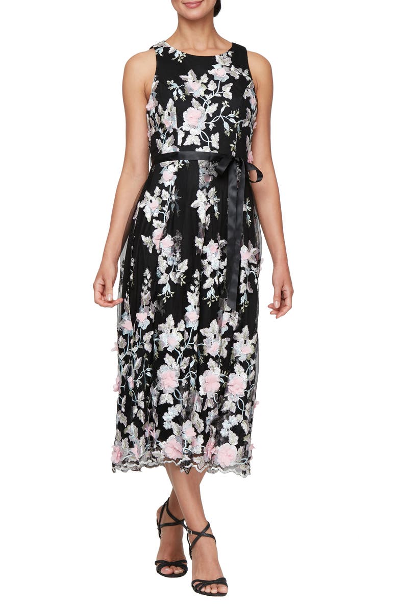 Alex Evenings Embroidered Floral Cocktail Midi Dress, Main, color, Black Multi