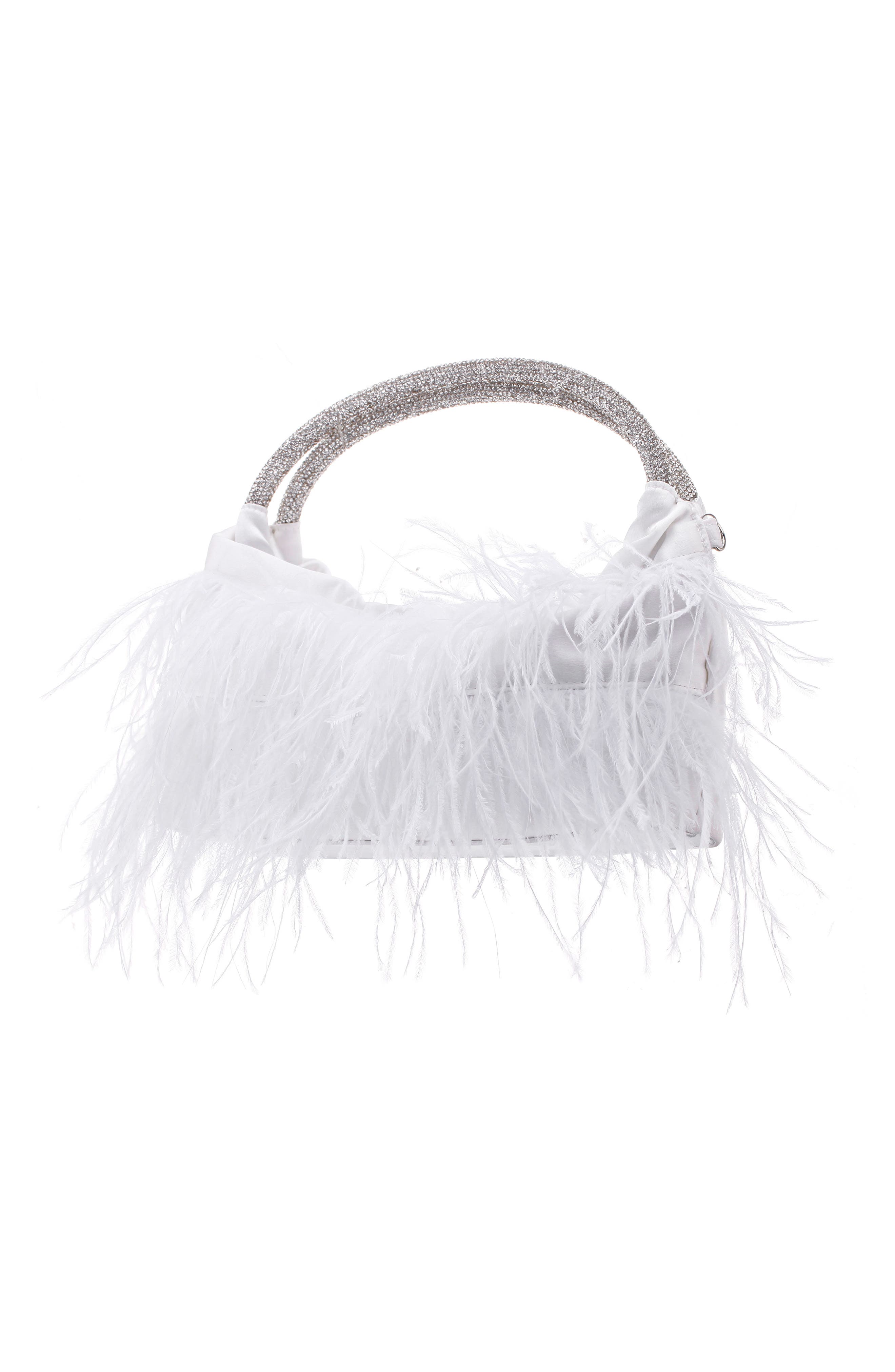 Crystal Handle Feather Clutch, Alternate, color, WHITE