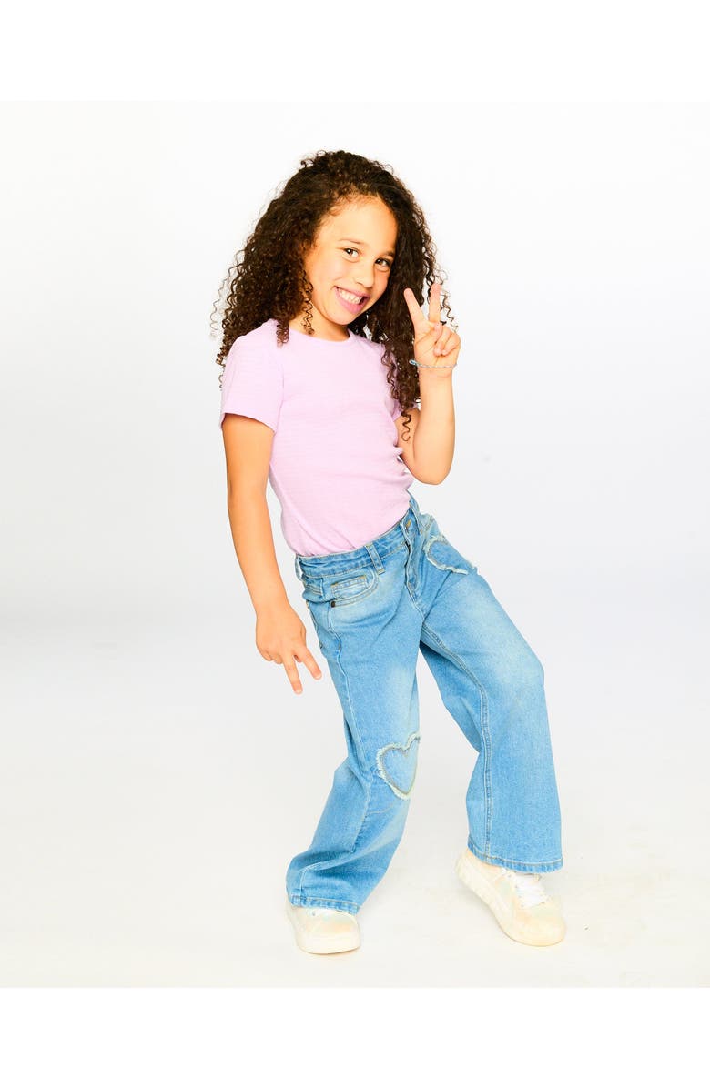 Deux par Deux Wide Leg Heart Embroidery Denim Jeans, Alternate, color, Light Blue Denim