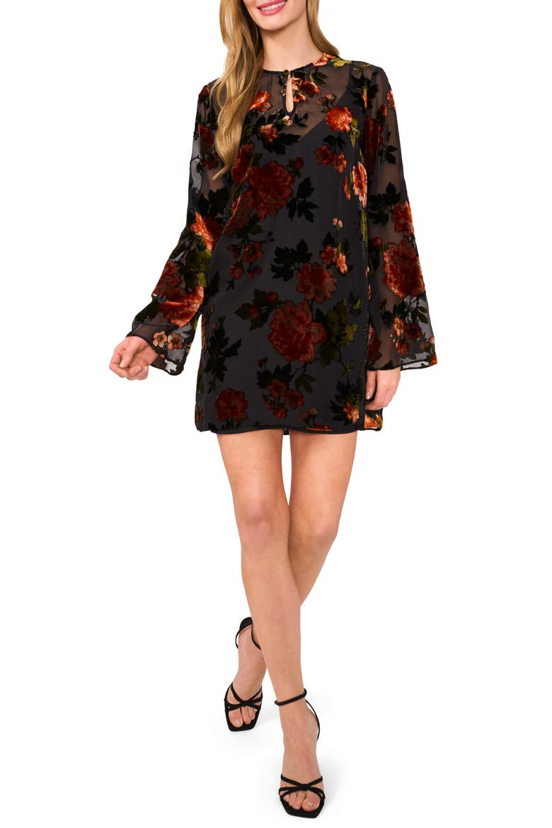 Floral Velvet Burnout Long Sleeve Minidress, Main, color, RICH BLACK