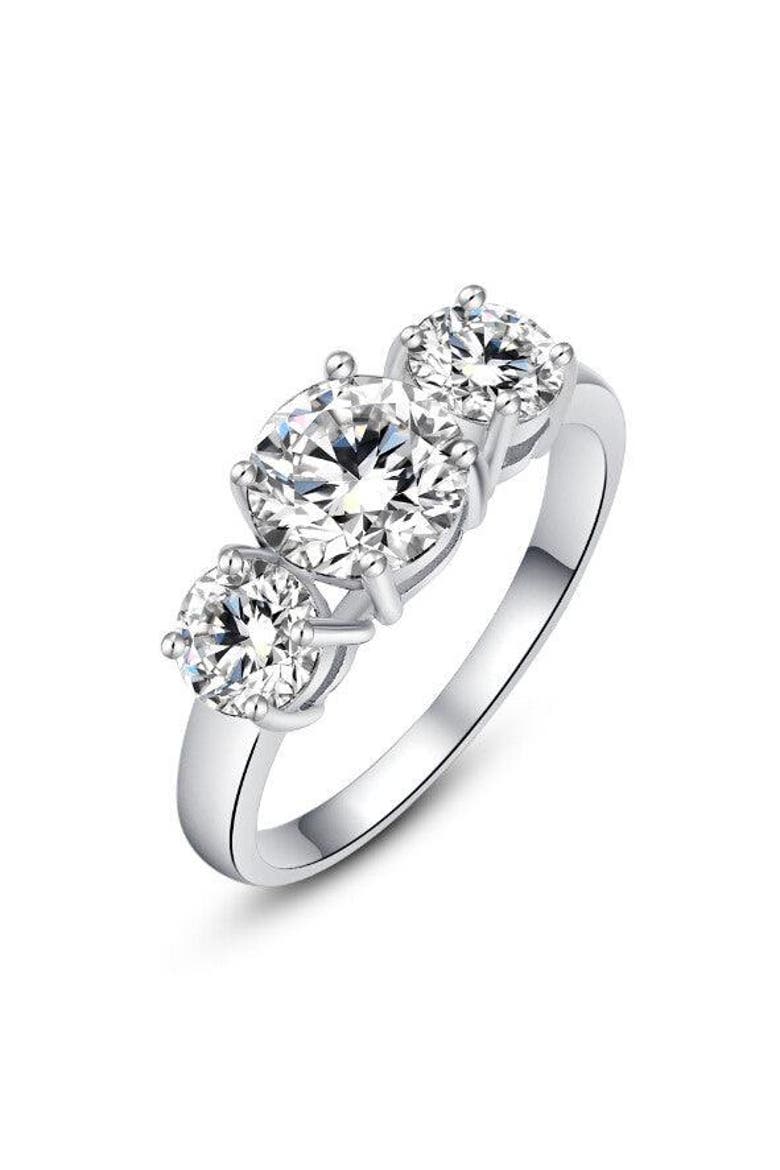 Blair Three Stone Cubic Zirconia Ring, Main, color, Silver