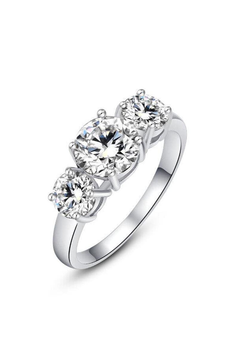 DLORIA Blair Three Stone Cubic Zirconia Ring, Main, color, Silver