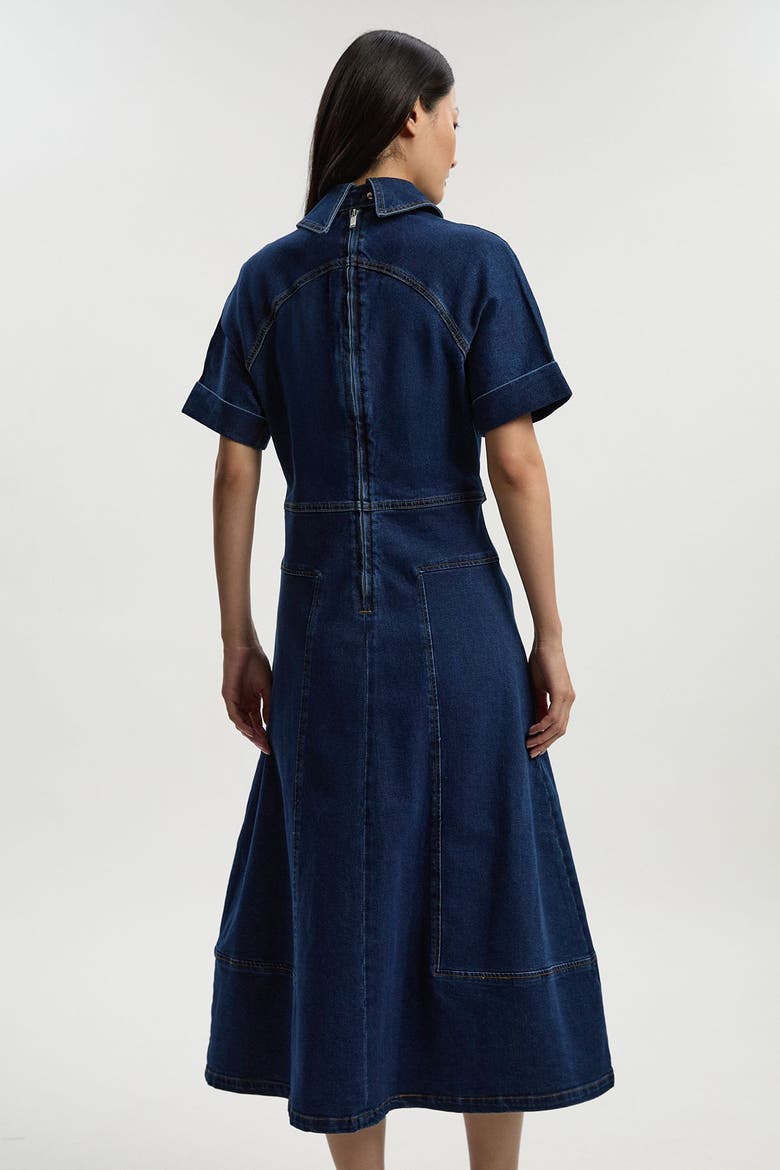 Petite Stretch Denim Tab Belt Midi Dress, Alternate, color, Mid Wash