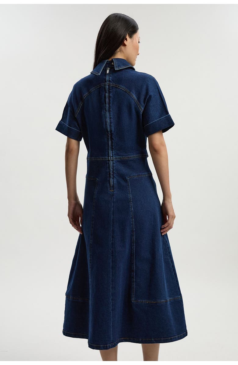 Karen Millen Petite Stretch Denim Tab Belt Midi Dress, Alternate, color, Mid Wash