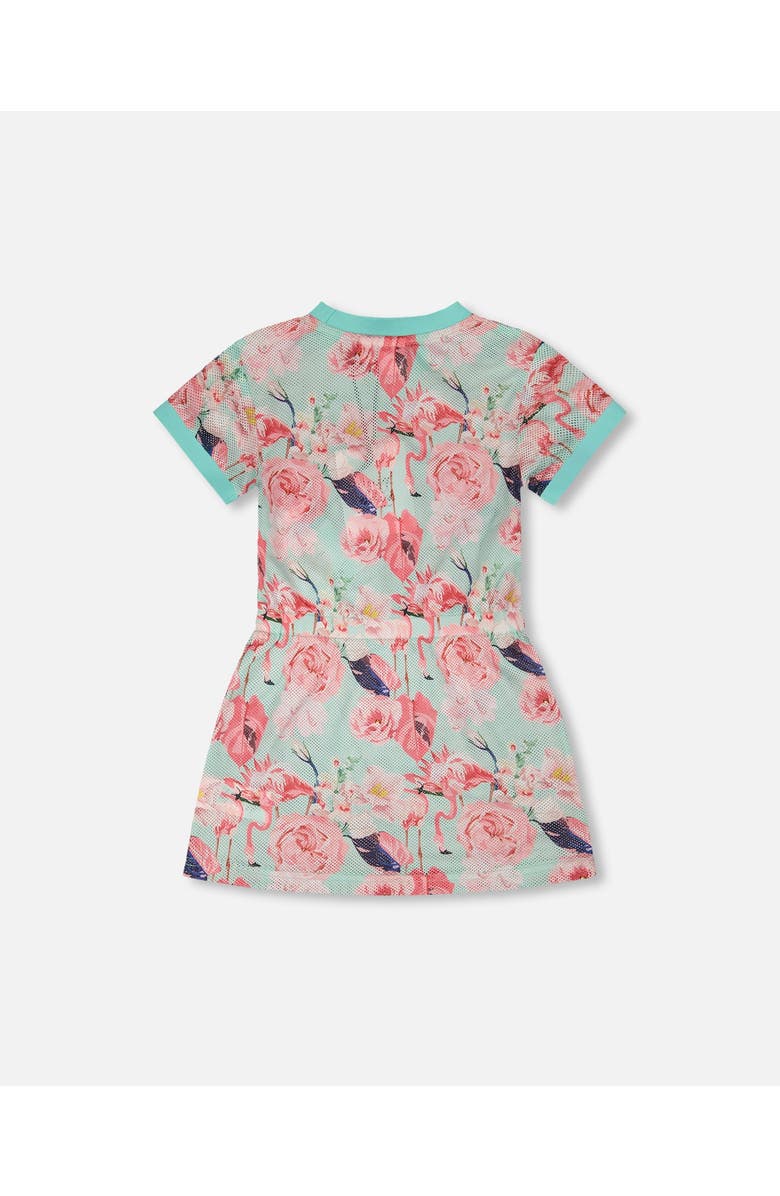Deux par Deux Mesh Short Sleeves Elastic Waist Flamingo Beach Dress, Alternate, color, Blue Flamingo Print