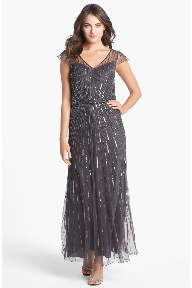 Beaded Mesh Blouson Gown, Main, color, SLATE/ MERCURY
