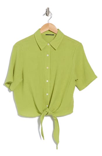 T Tahari Short Sleeve Tie Front Cotton Gauze Shirt In Spring Green