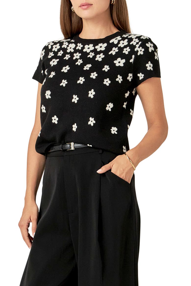 Intarsia Daisy Knit Top, Alternate, color, BLACK/ WHITE