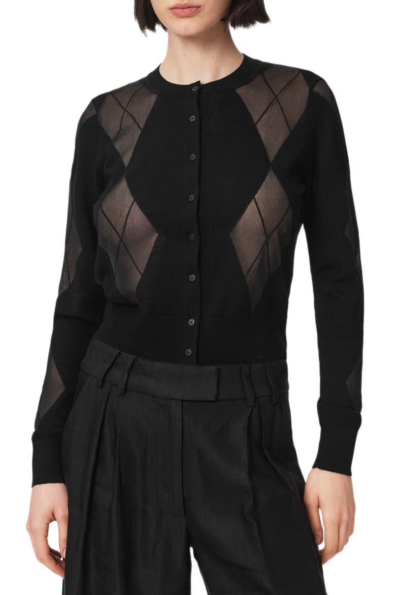 Bern Argyle Merino Wool Cardigan, Main, color, BLACK