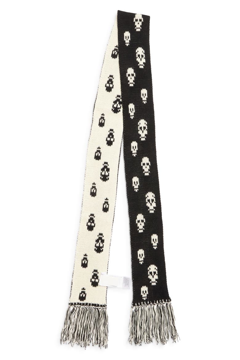 Skull Jacquard Fringe Scarf, Main, color, BLACK/ IVORY