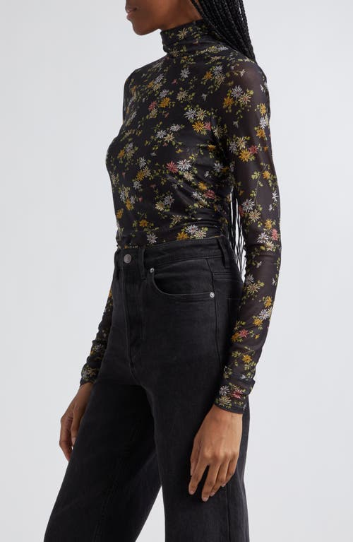 Cinq À Sept Floating Daisies Shirred Mesh Mock Neck Top In Black Multi