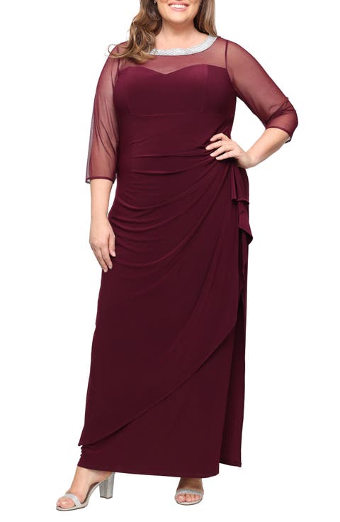 Illusion Sleeve Side Ruched Gown (Plus Size)