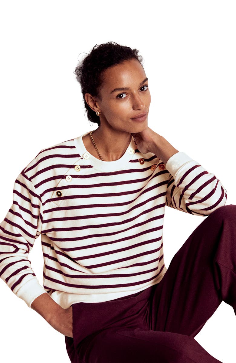 Boden Button Detail Stripe Cotton Sweatshirt, Alternate, color, Deep Wisteria Ivory