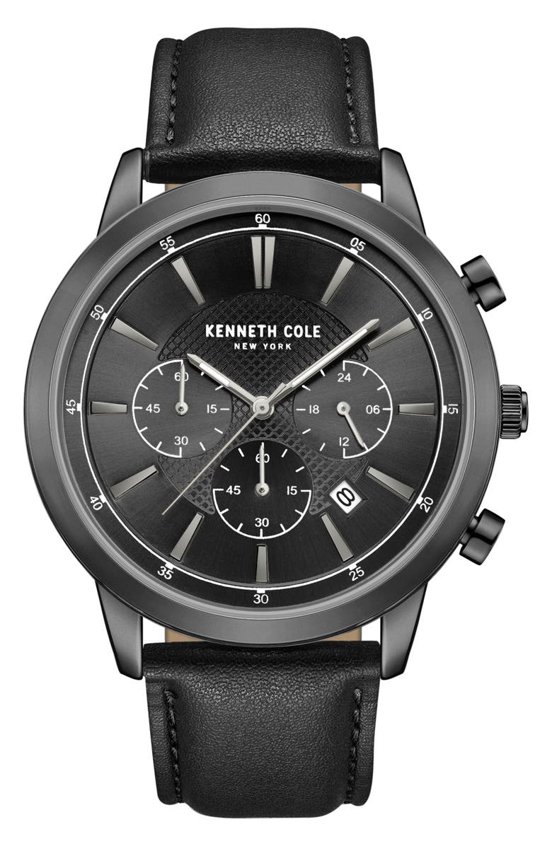Kenneth Cole New York Dress Sport Chronograph Leather Strap Watch, 44mm, Main, color, Black