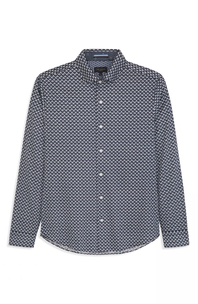 Ted Baker Soren Ginkgo Print Stretch Cotton Dress Shirt, Alternate, color, Sky Captain