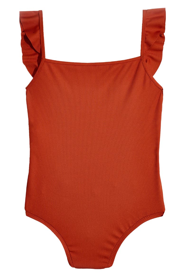 Second Wave Ribbed Ruffle-Strap One-Piece Swimsuit, Alternate, color, ETRUSCAN CLAY