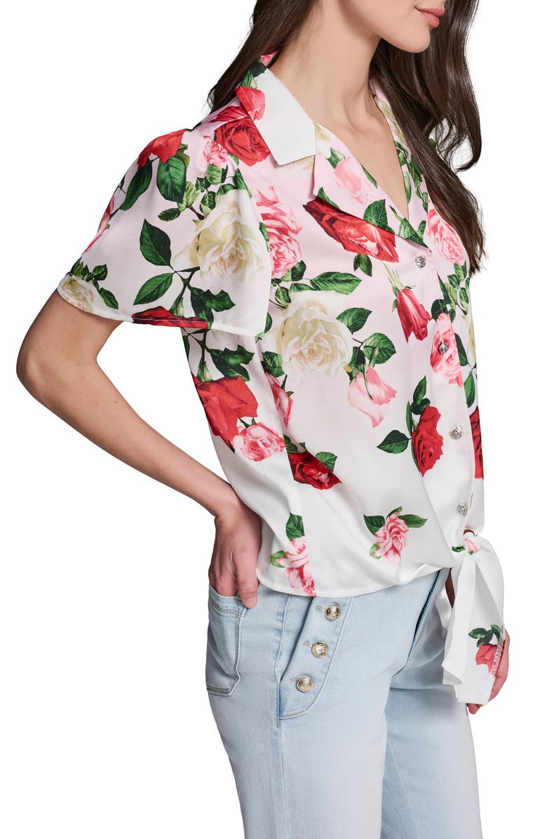 KARL LAGERFELD PARIS Rose Tie Front Button-Up Shirt, Alternate, color, Cornelia Rose/ Sft Wht Multi