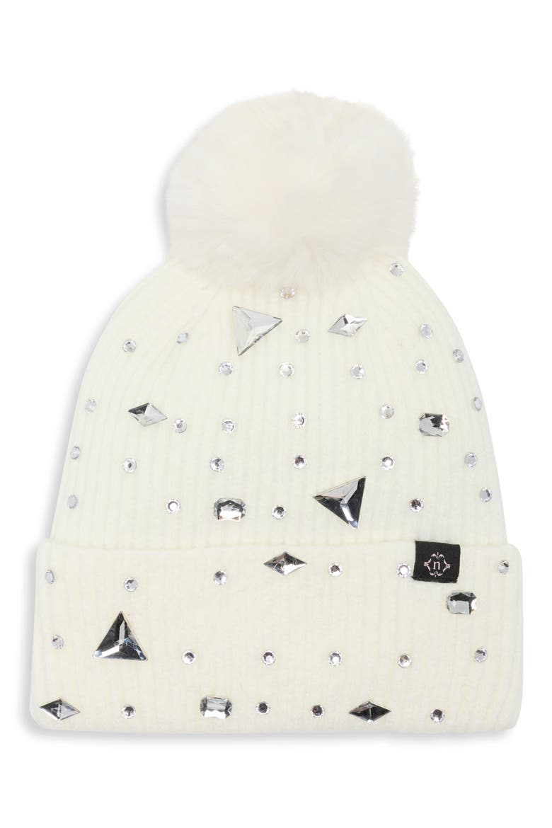 Crystal Snowflake Pom Beanie, Main, color, IVORY
