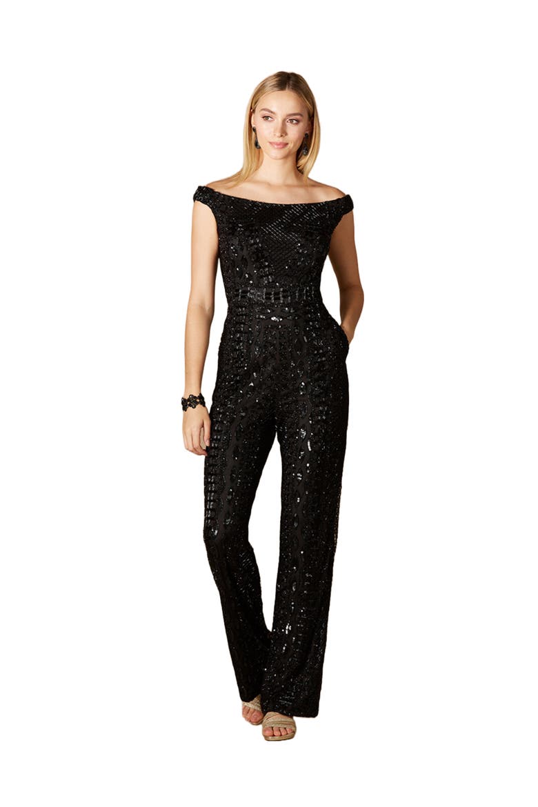 Beaded Off Shoulder Jumpsuit, Main, color, Black