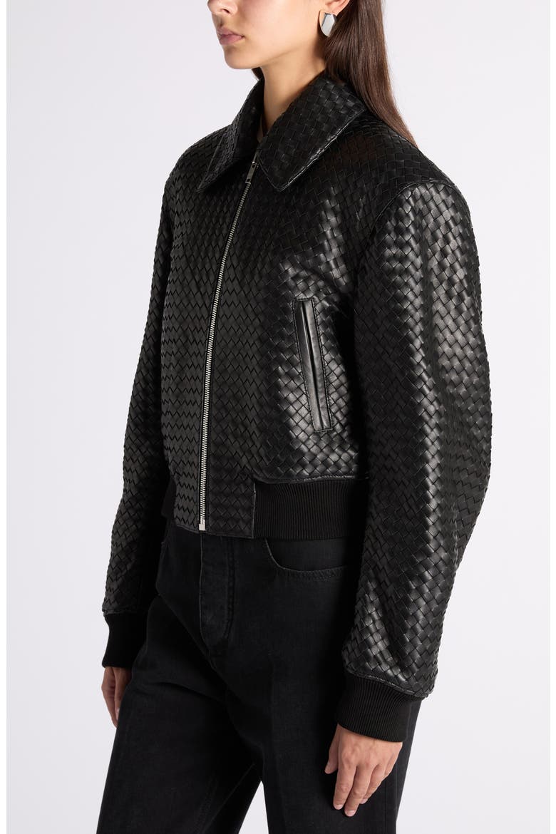 Intrecciato Leather Bomber Jacket, Alternate, color, 1010 DOUBLE BLACK