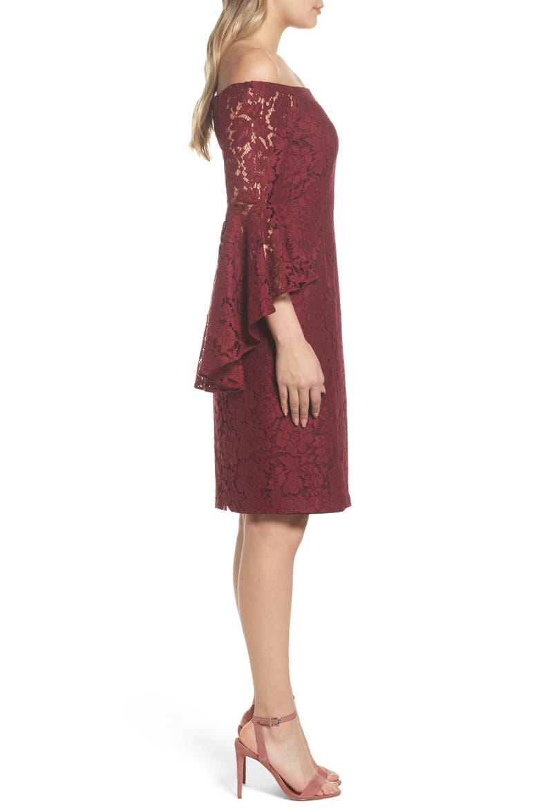 Off the Shoulder Lace Dress, Alternate, color, BURGUNDY LONDON