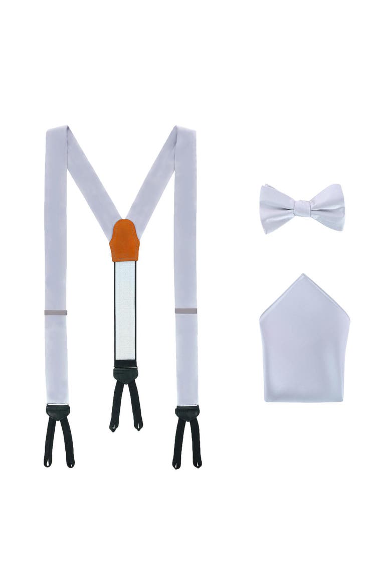 Sutton Solid Color Silk Brace Bow Tie & Pocket Square Combo, Main, color, Silver